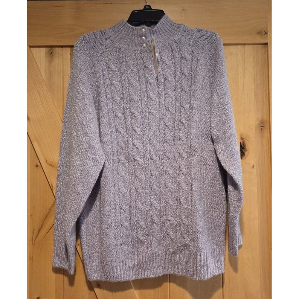 New! Vintage Women XL Sweater Liz Thomas Purple Pearly Button Mock Neck  Cable